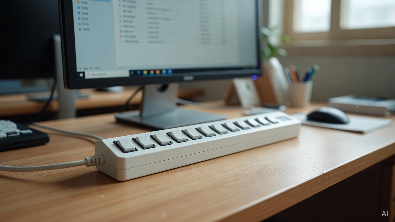white power strip with individual switches on a desk next to a computer monitor