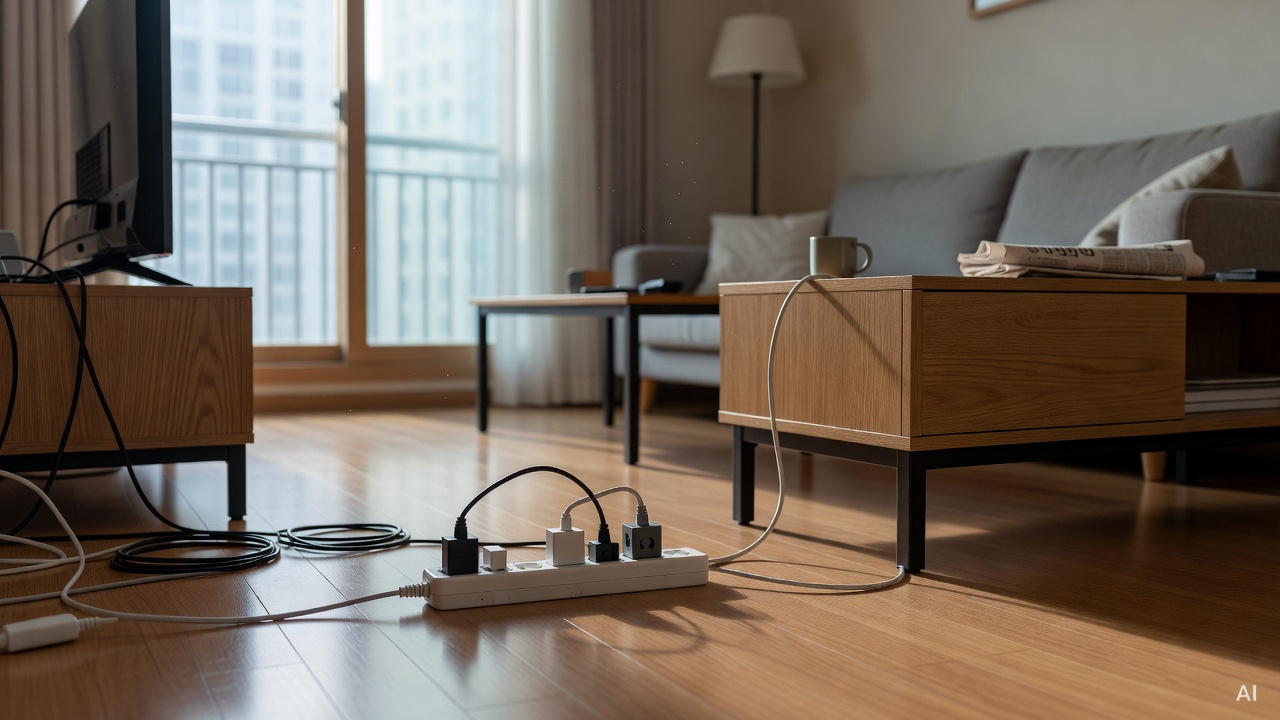 power strip with multiple plugs on a living room floor next to a TV stand