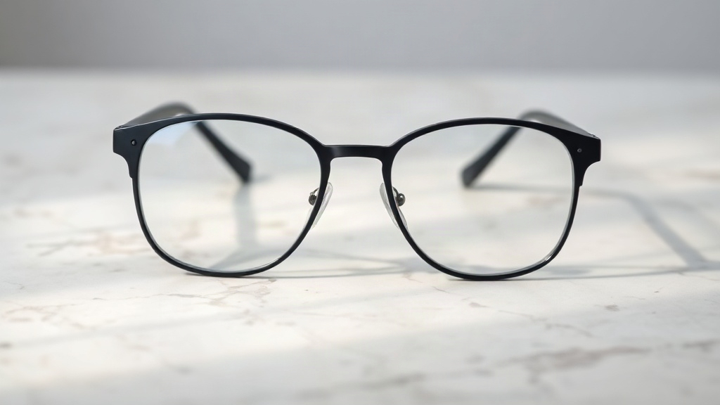 Close-up product photography of a premium eyeglass frame on a minimalist marble surface, soft studio lighting, elegant d