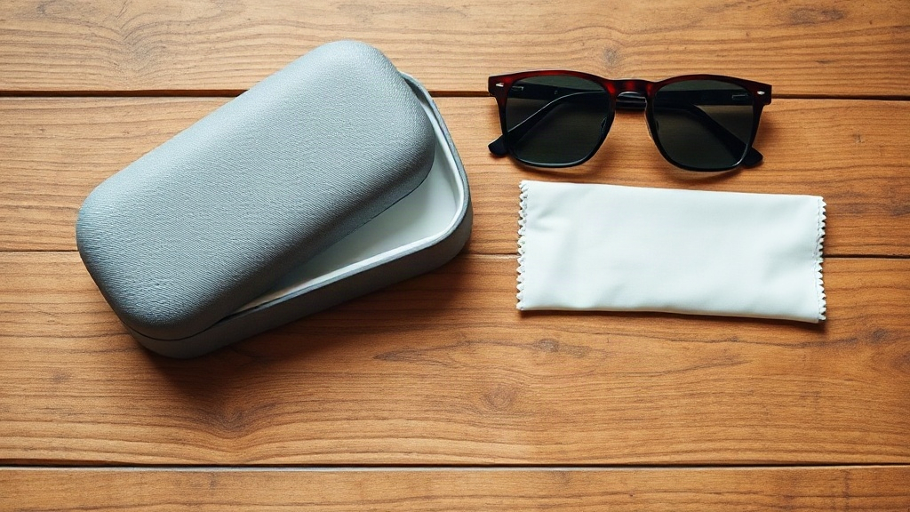 Flat lay photography of a premium eyeglass case, soft cleaning cloth, and stylish sunglasses arranged neatly on a wooden