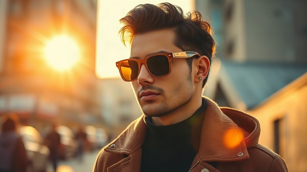 Lifestyle photography of a stylish person wearing premium sunglasses outdoors in golden hour light, urban background, fa