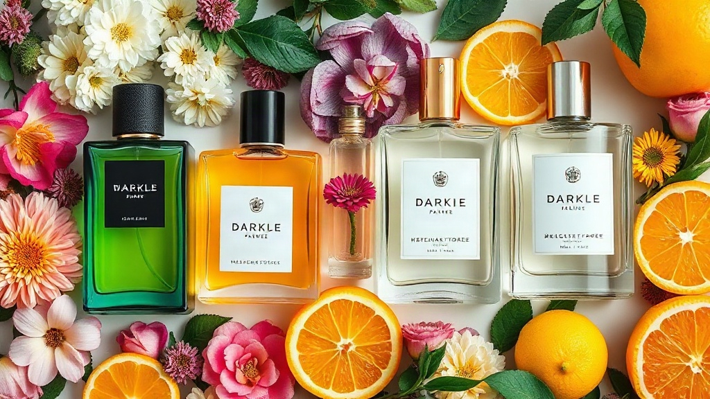 Flat lay of men's and women's perfume bottles side by side with fresh flowers and citrus fruits, soft natural daylight, 