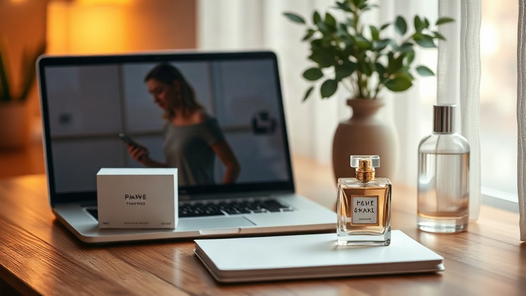 Cozy online shopping scene with a laptop, perfume box and bottle on a wooden desk, warm ambient light, no text
