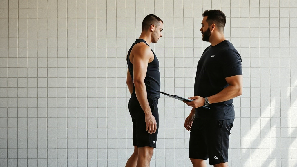 Professional personal trainer conducting a postural assessment on a client standing against a grid w