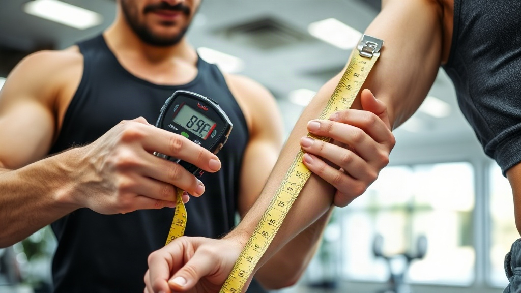 Close-up of a personal trainer using body composition calipers and a measuring tape on a client's ar