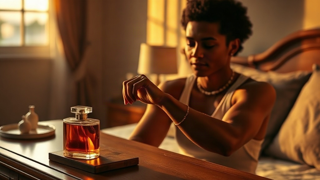 confident young adult applying perfume to wrist in a warm-toned bedroom at golden hour, elegant amber perfume bottle on 
