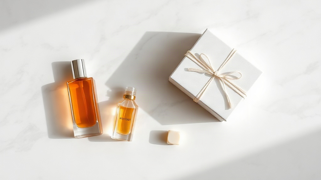 elegant flat lay of perfume testers, small sample bottles and a sealed cellophane wrapped fragrance box on a marble surf