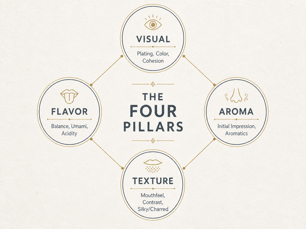 A professional diagram showing the four pillars of food tasting: Visual, Aroma, Texture, and Flavor, used to organize dish-level tasting notes.