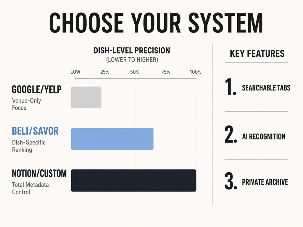 Comparison chart of tasting note systems: Google/Yelp, Beli/Savor, and Notion, highlighting dish-level precision and searchable features for foodies.