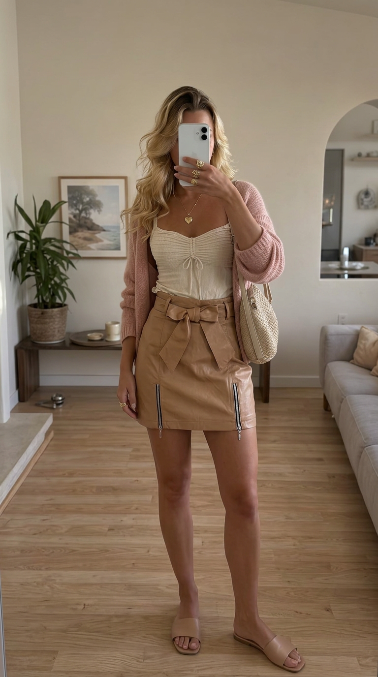 Tan Faux Leather Mini Skirt with Tie Belt & Zip Pockets