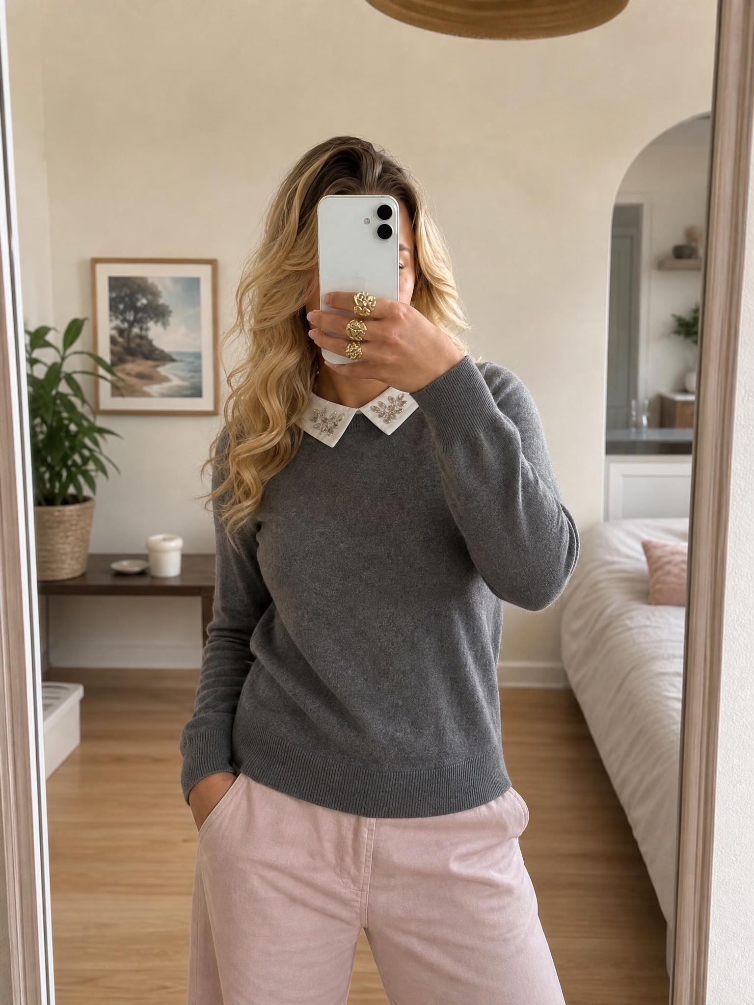 Charcoal Grey Knit Jumper with Embellished White Collar