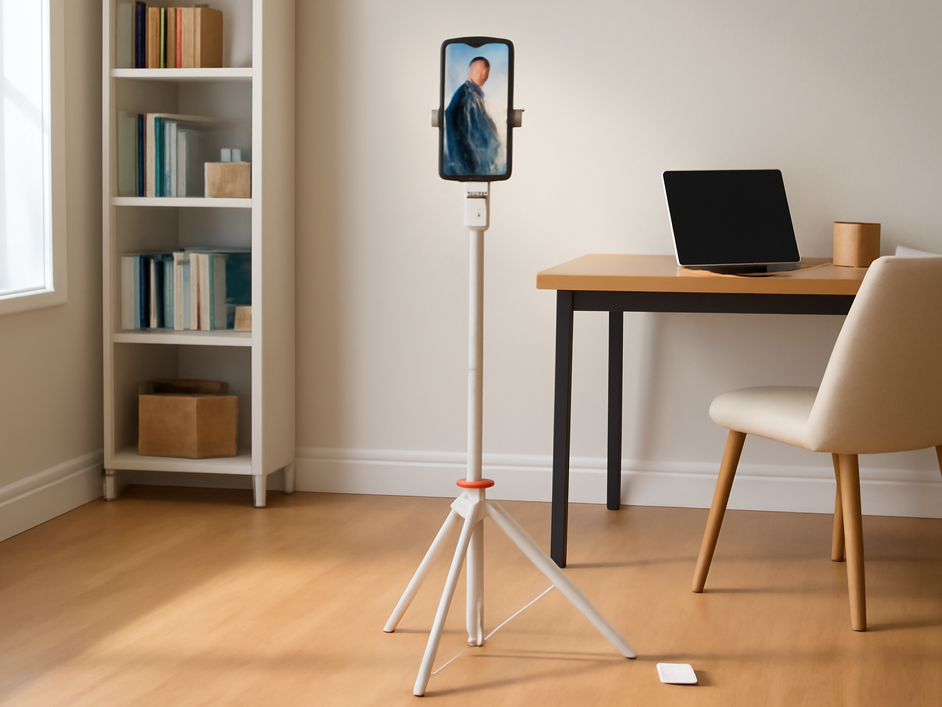 EUCOS 62-inch tripod extended in a bright home office with smartphone mounted, surrounded by furniture