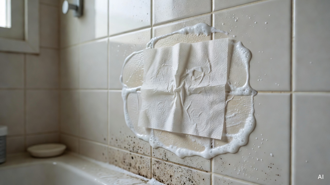 bathroom tile grout with mold remover applied and paper towel placed over it