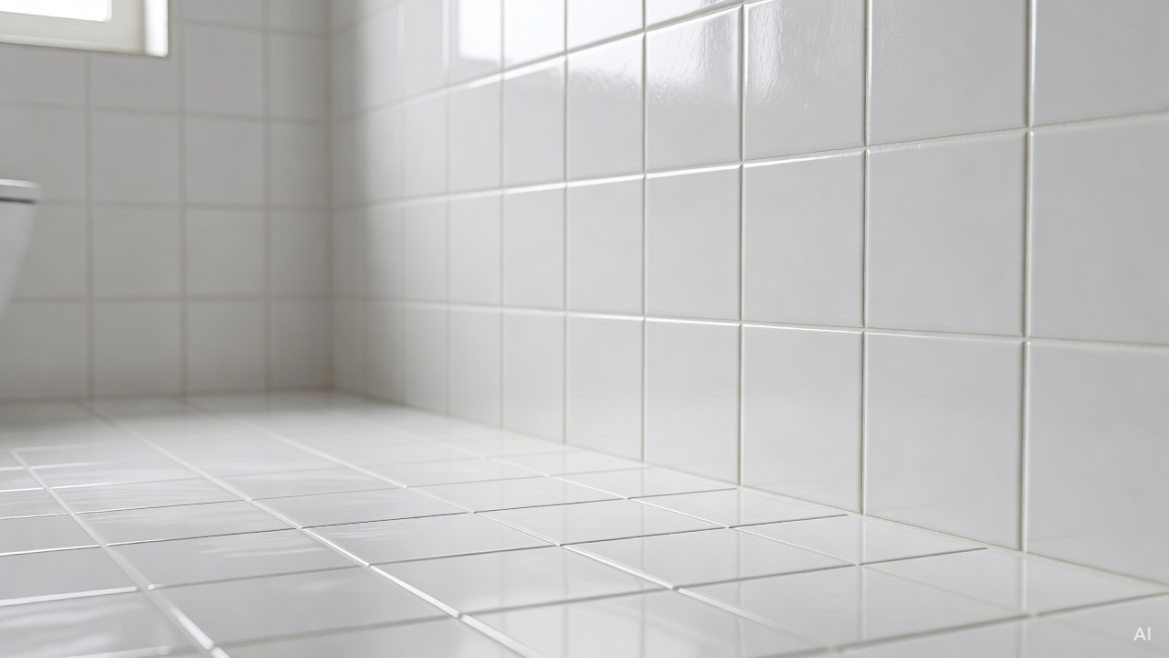 clean white bathroom tile with bright grout lines after cleaning