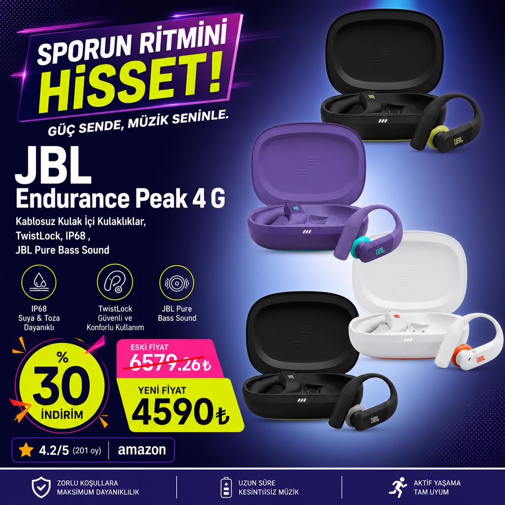 JBL Endurance Peak 4 GKablosuz Kulak İçi Kulaklıklar, TwistLock, IP68 , JBL Pure Bass Sound