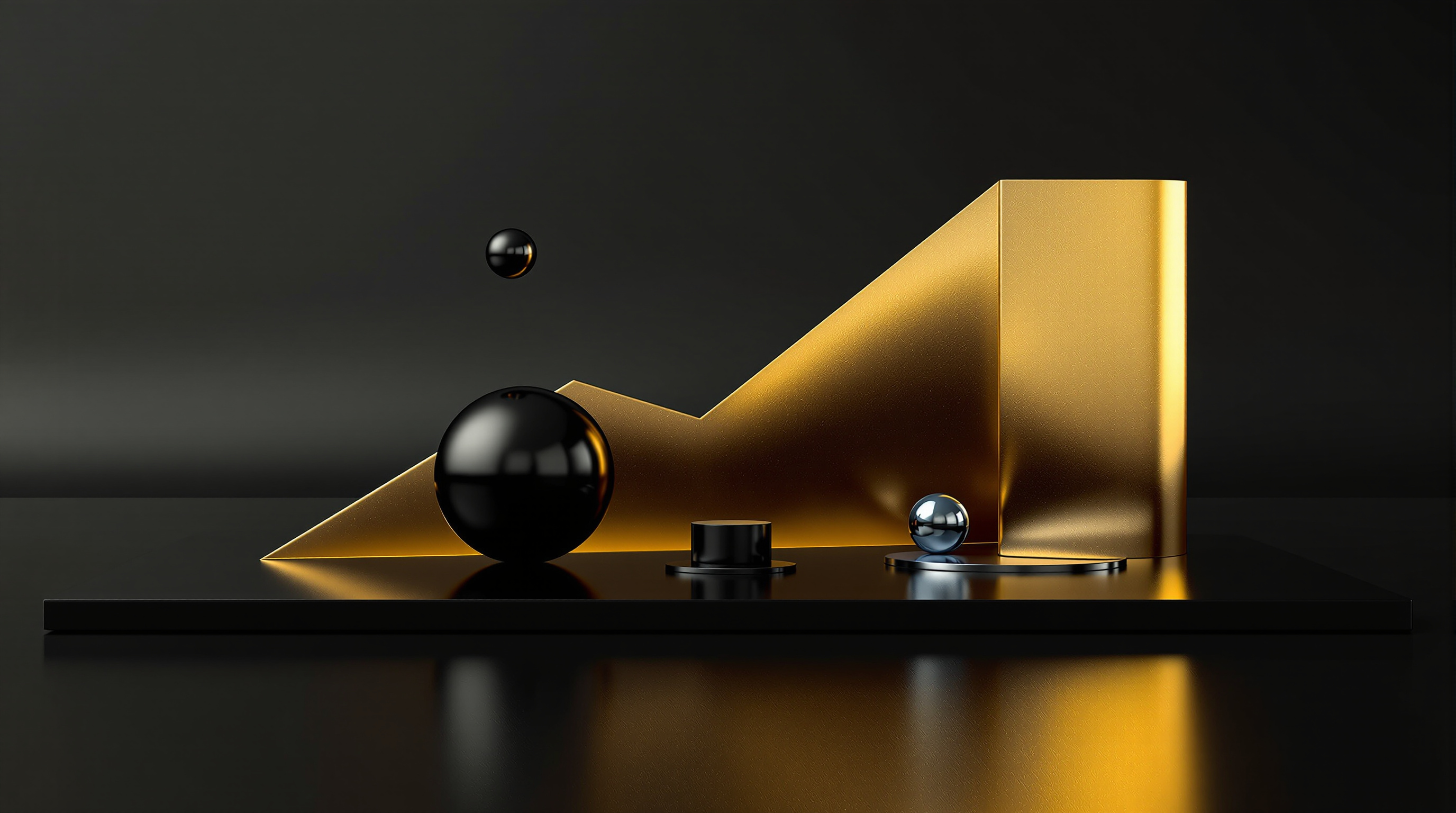 sculptural still-life of a polished gold ascending diagonal fin, a matte black oil sphere partially submerged on the surface, a leaning brushed-silver — editorial cover artwork for the Knightron story on Equities Edge Higher As Treasury Yields Retreat; Oil Plunges