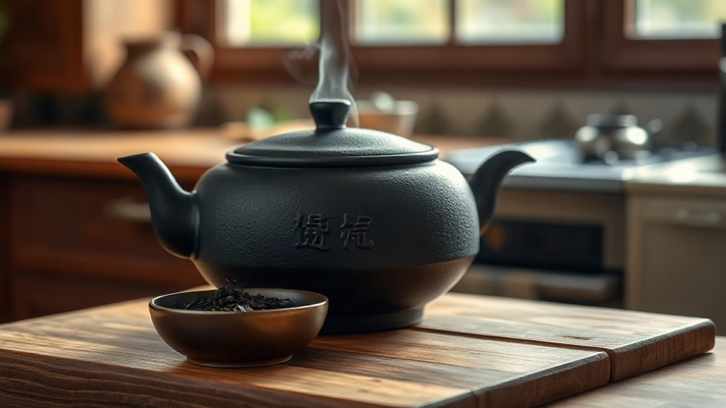 Théière en fonte japonaise tetsubin avec vapeur s'échappant du bec, feuilles de thé noir posées à côté