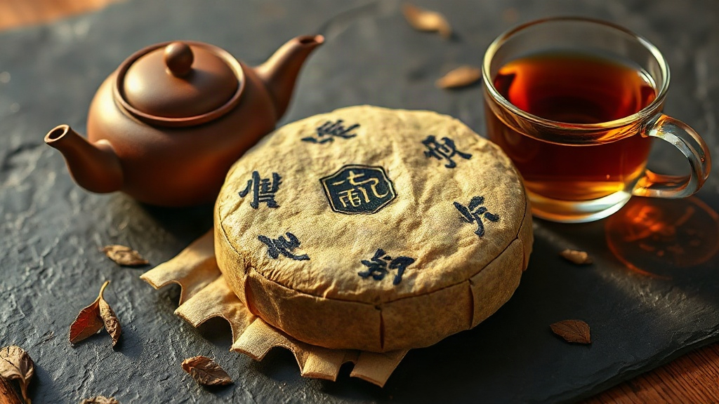 Galette de pu-erh compressée posée près d'une théière en grès Yixing et d'une tasse de thé ambré