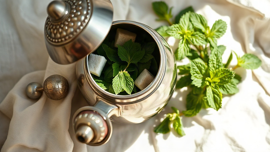 Théière marocaine inox ouverte avec feuilles de thé gunpowder et menthe fraîche à l'intérieur