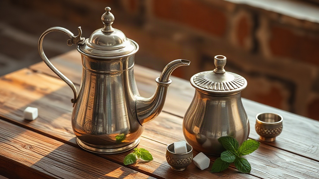 Théière marocaine en inox avec bec verseur allongé et verres à thé posés sur une table en bois