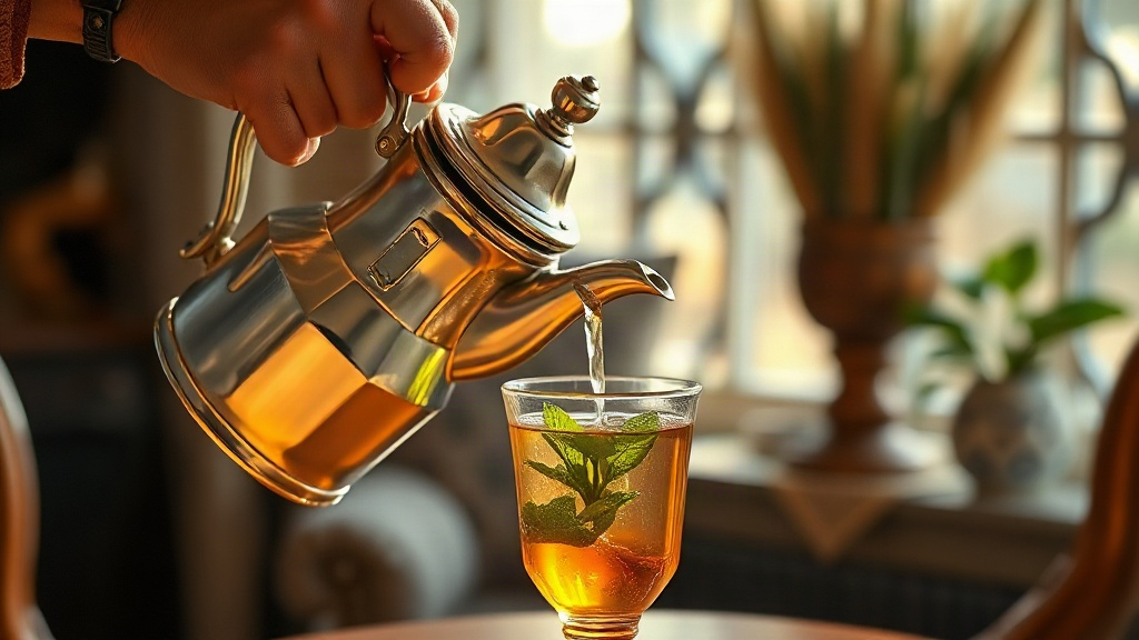 Versement du thé à la menthe en hauteur depuis une théière marocaine inox pour créer la mousse