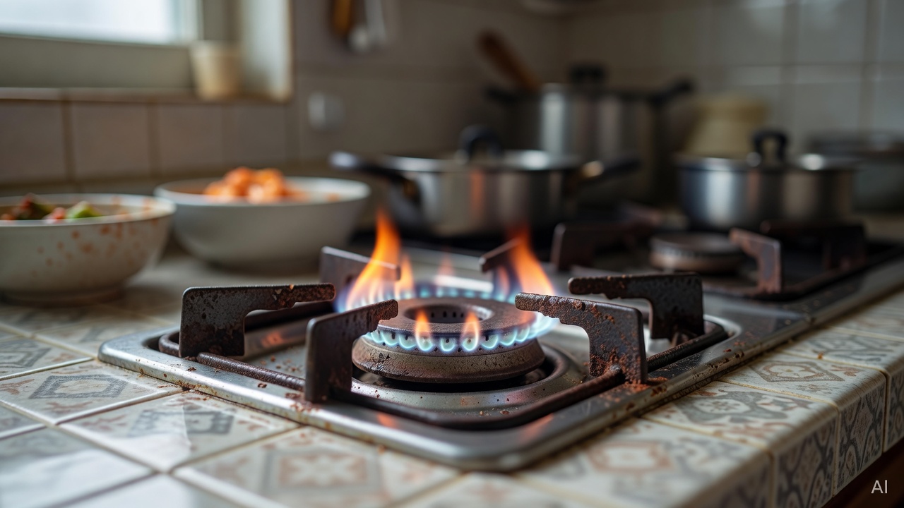 close-up of a gas stove burner with rust and uneven flame on a kitchen countertop