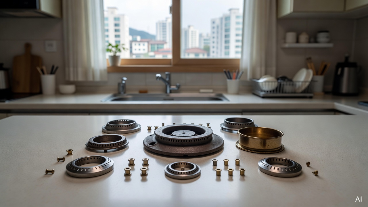 disassembled gas stove burner parts laid out on a kitchen counter