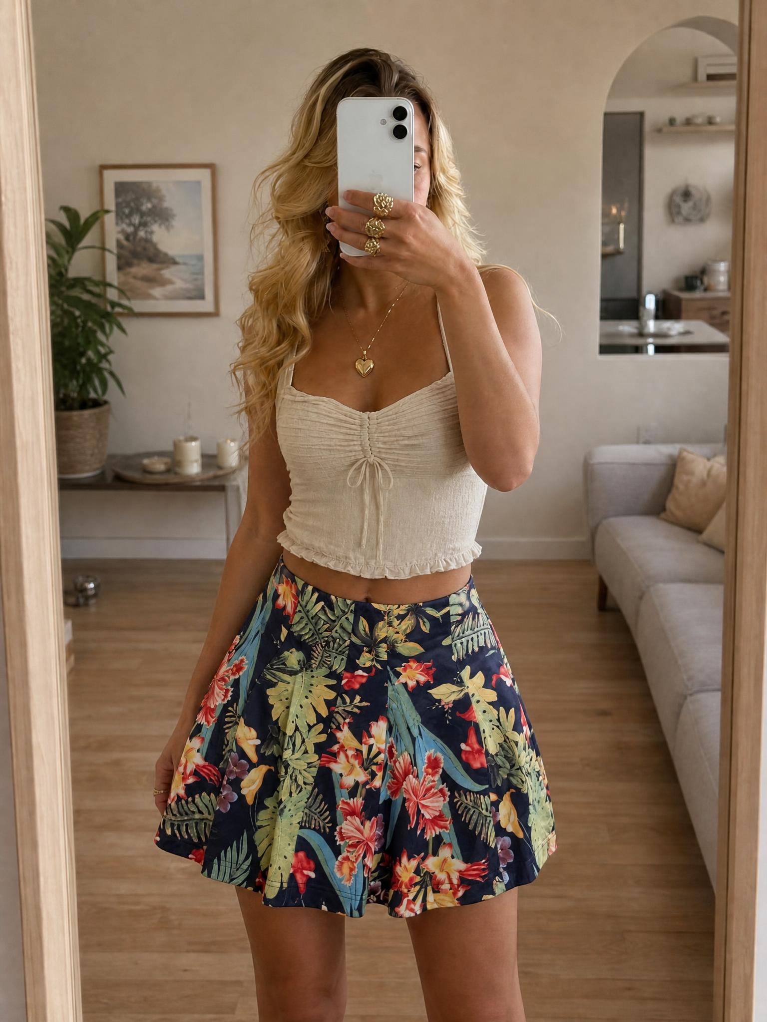 Tropical Floral A-Line Skirt Navy Blue Very Good Condition