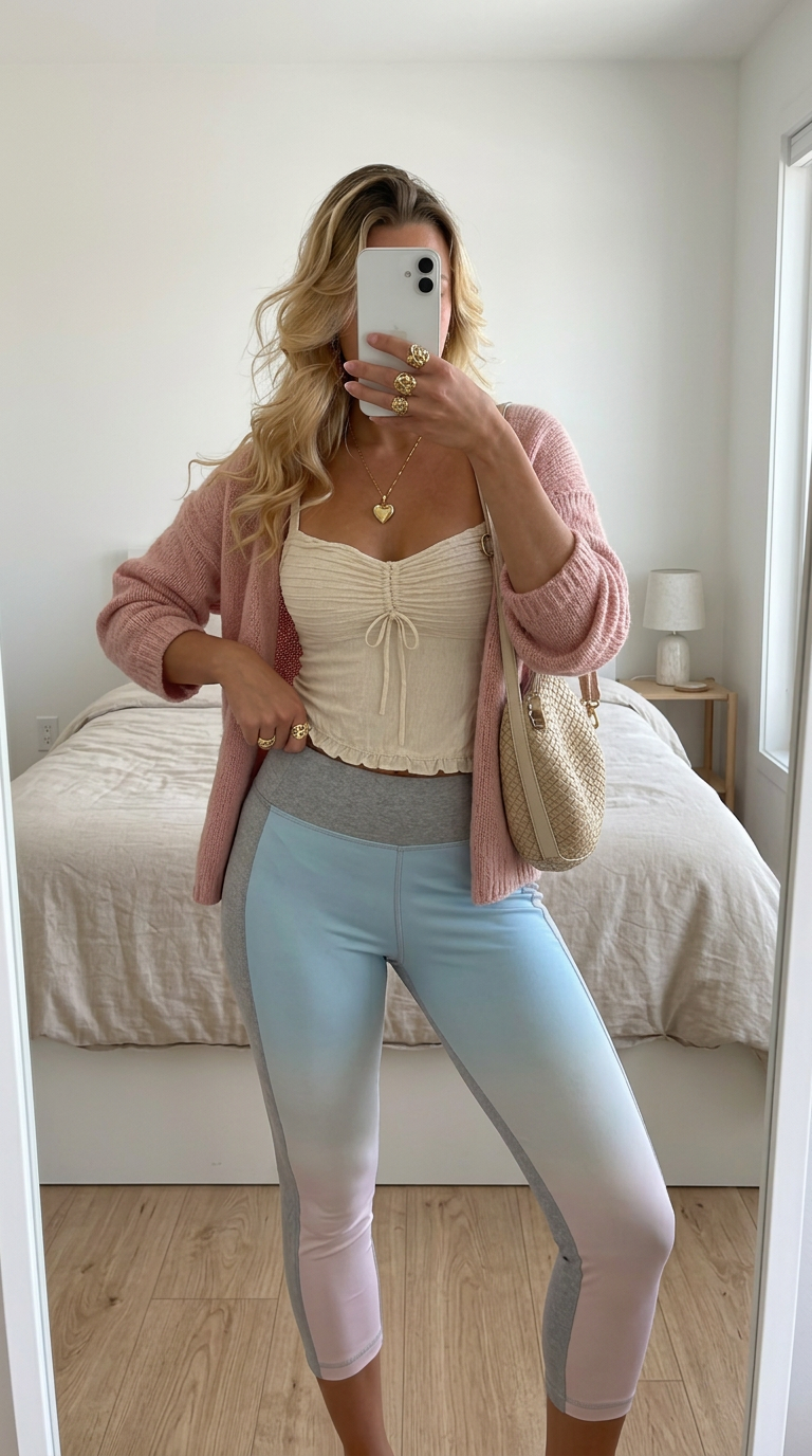 Colour-block high-waisted gym leggings in blue, pink and grey
