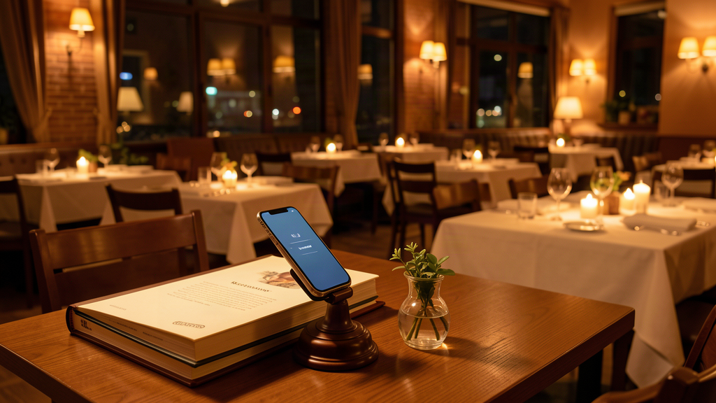 Restaurant host stand phone ringing while staff seat guests in a busy dining room