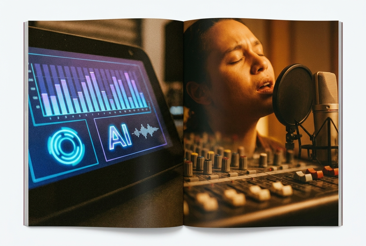 alt text: A split-screen showing a music chart with a glowing AI badge next to a track versus a human artist performing with a microphone in a recording studio