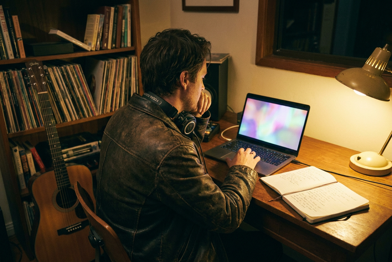 alt text: A musician at a desk with headphones around their neck, looking at a laptop screen showing AI video generation tools alongside a guitar and notebook with handwritten lyrics