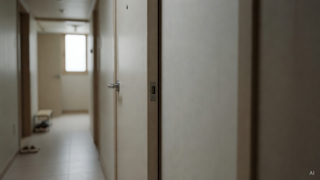 close-up of apartment front door frame with gap visible between door and wall, hallway background