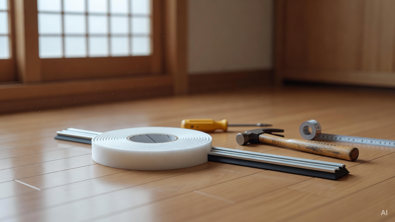foam door seal tape and door sweep product placed on wooden floor, tools beside them