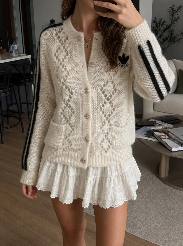 Gucci x adidas Cream Open-Knit Striped Cardigan