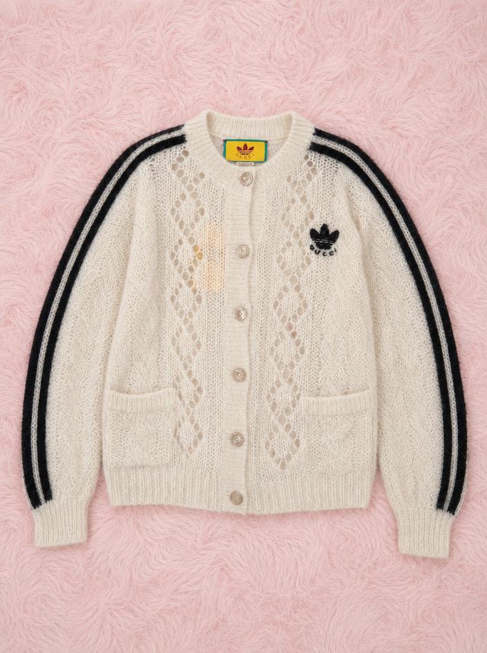 Gucci cream open-knit cardigan with black sleeve stripes