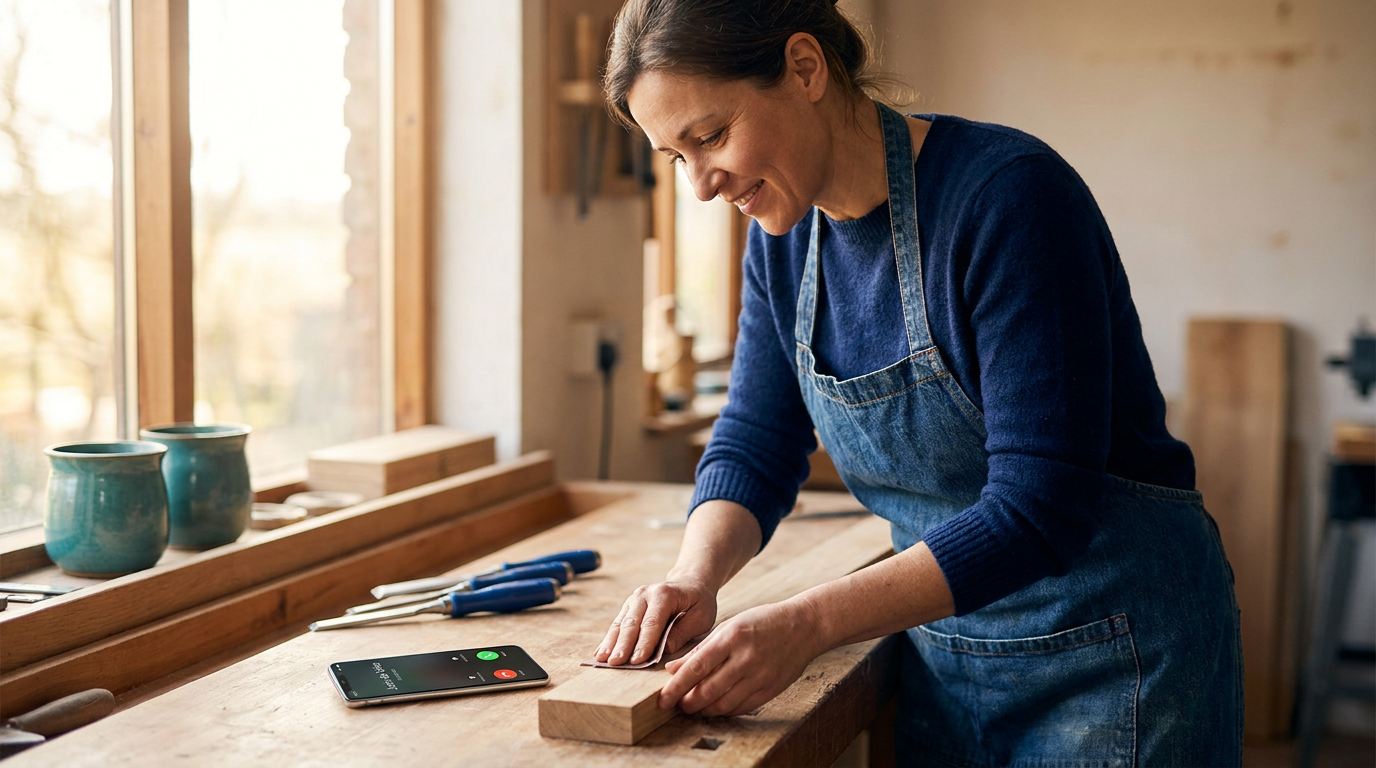 Ondernemer aan het werk terwijl zijn zakelijke telefoon een doorgeschakeld gesprek soepel afhandelt