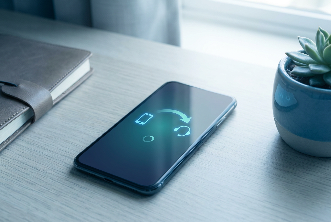 Zakelijke smartphone op een opgeruimd bureau die een oproep automatisch doorschakelt