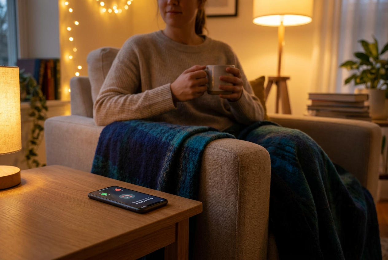 Ondernemer ontspant 's avonds thuis terwijl doorgeschakelde oproepen automatisch worden beantwoord