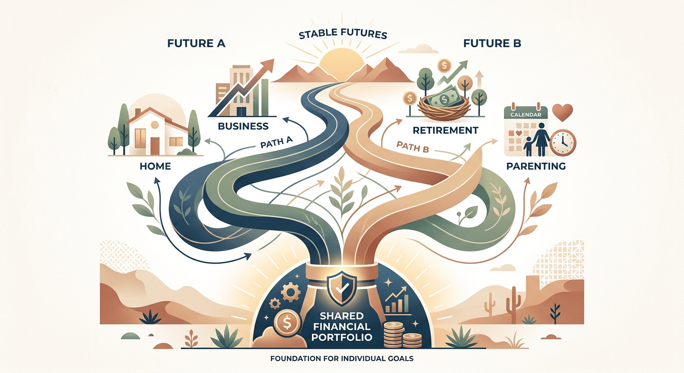 Sophisticated modern illustration of two interconnected paths leading from a shared financial portfolio to separate, stabl...