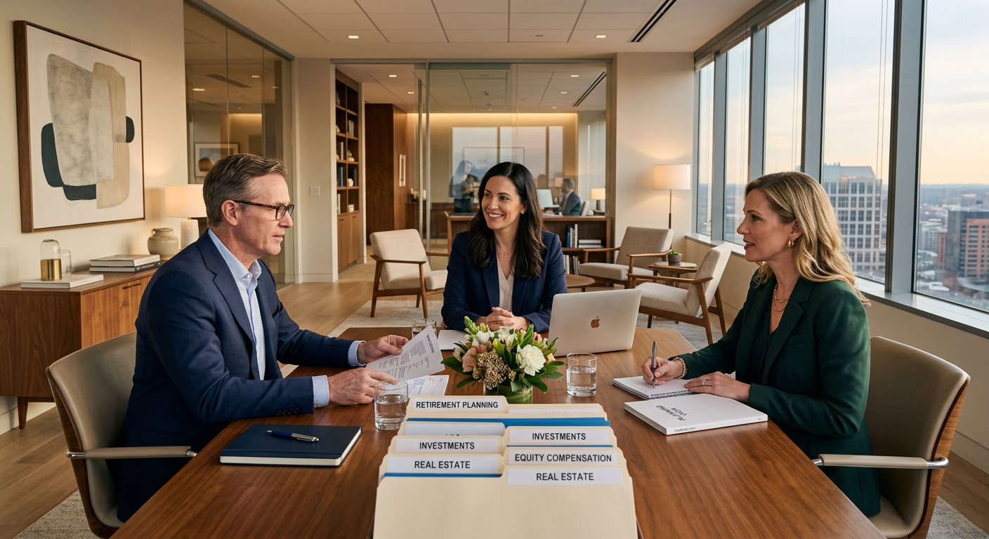 Sophisticated modern illustration of a balanced financial planning meeting, showing a physician and executive seated acros...
