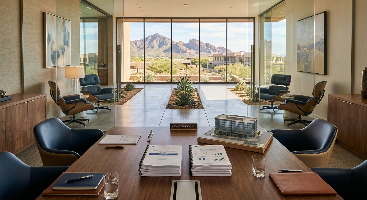 Sophisticated modern illustration of a private mediation table with neatly arranged business financial statements, a small...