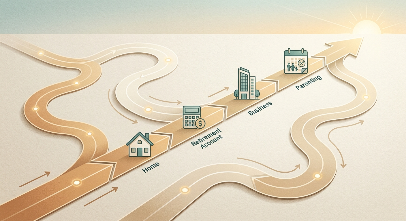 Refined editorial illustration of two paths converging into one organized financial roadmap, with subtle icons for a home,...
