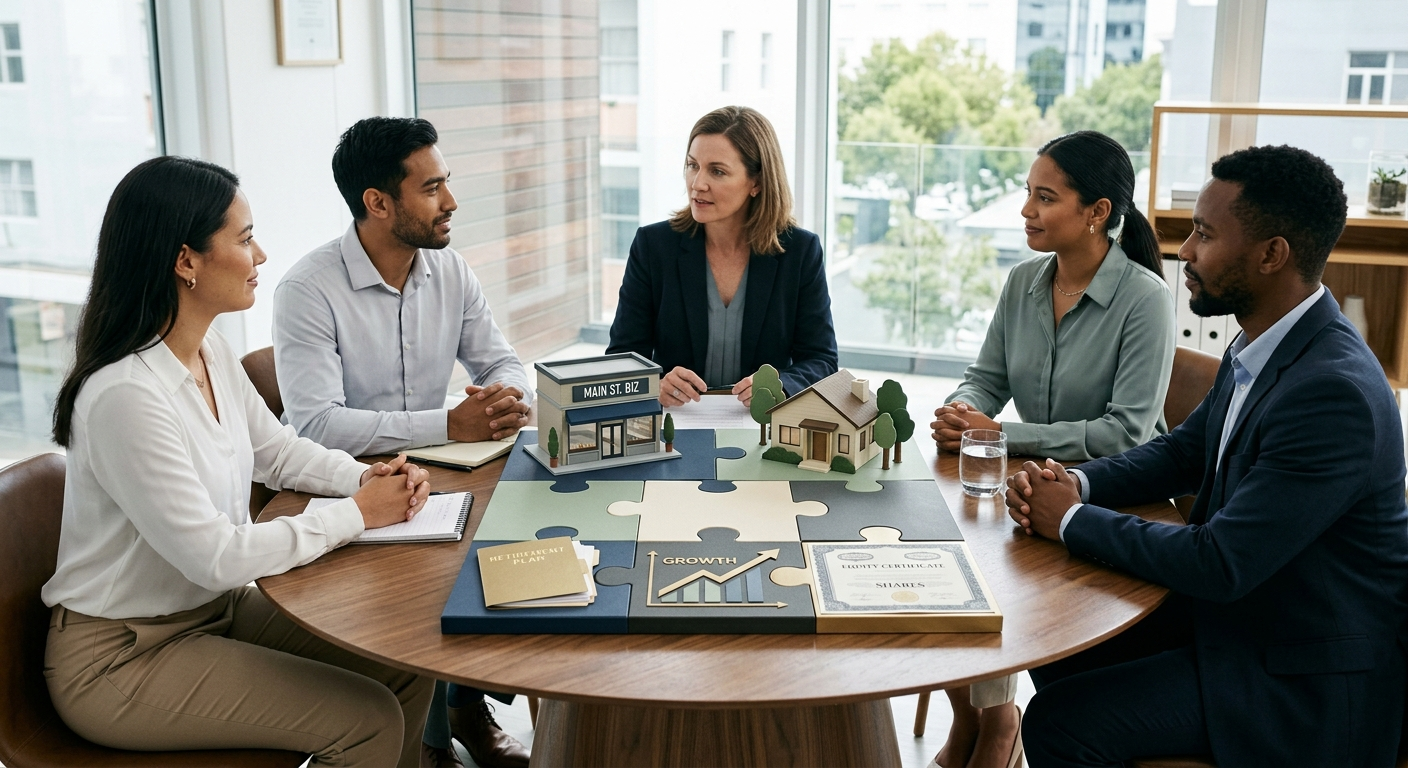 Sophisticated modern illustration of interconnected financial assets, including a small business building, home, retiremen...