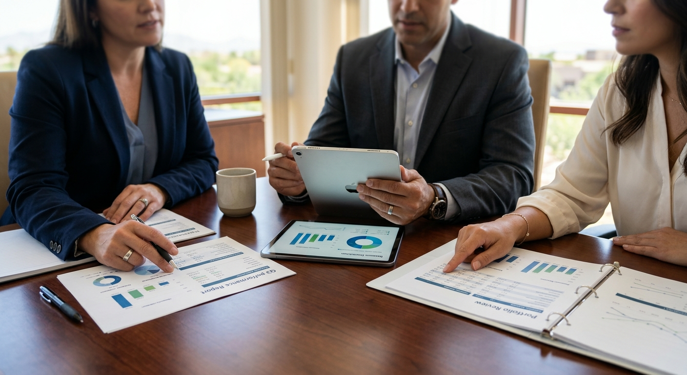 Photorealistic close-up of three professionals reviewing organized financial documents and a tablet with simple charts at ...