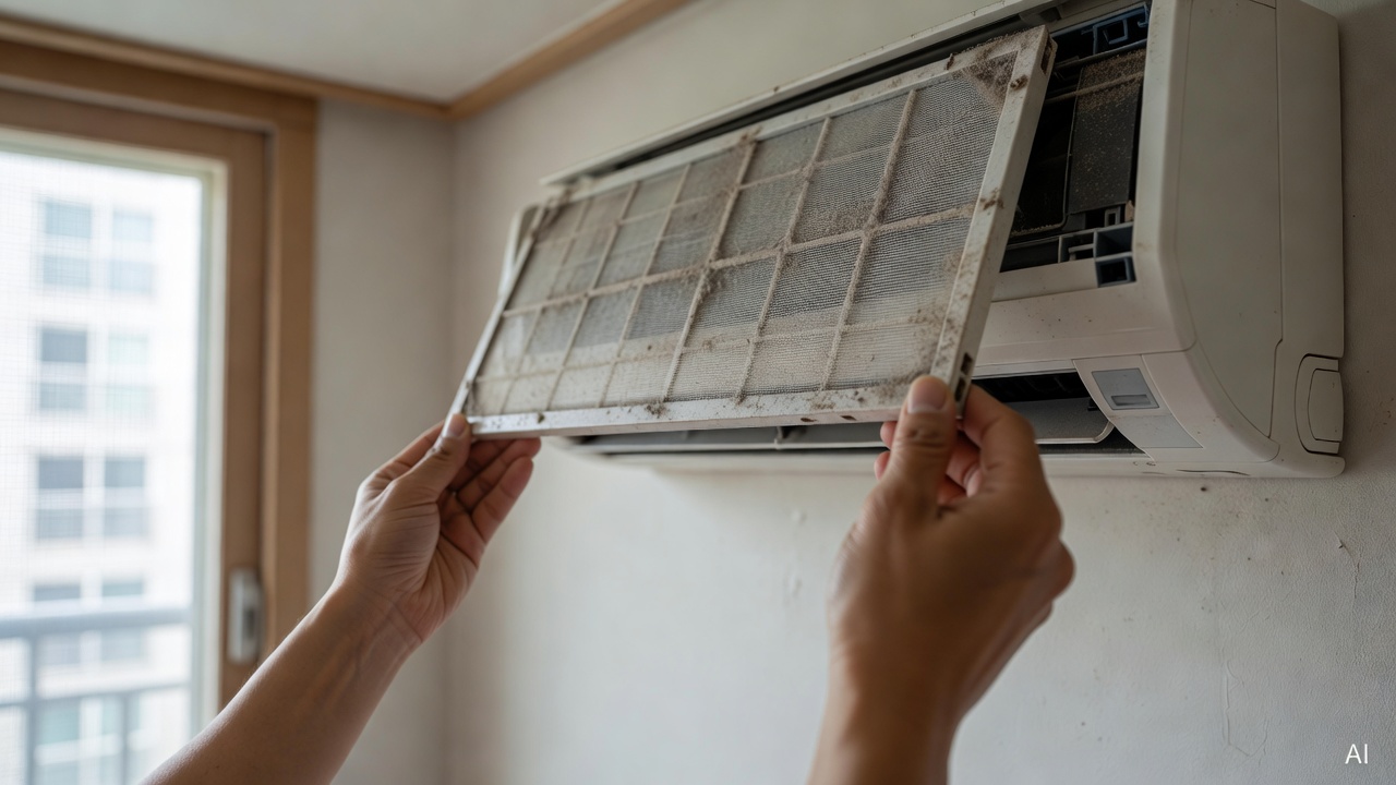 Close-up of a dusty air conditioner filter being removed from the unit on a wall