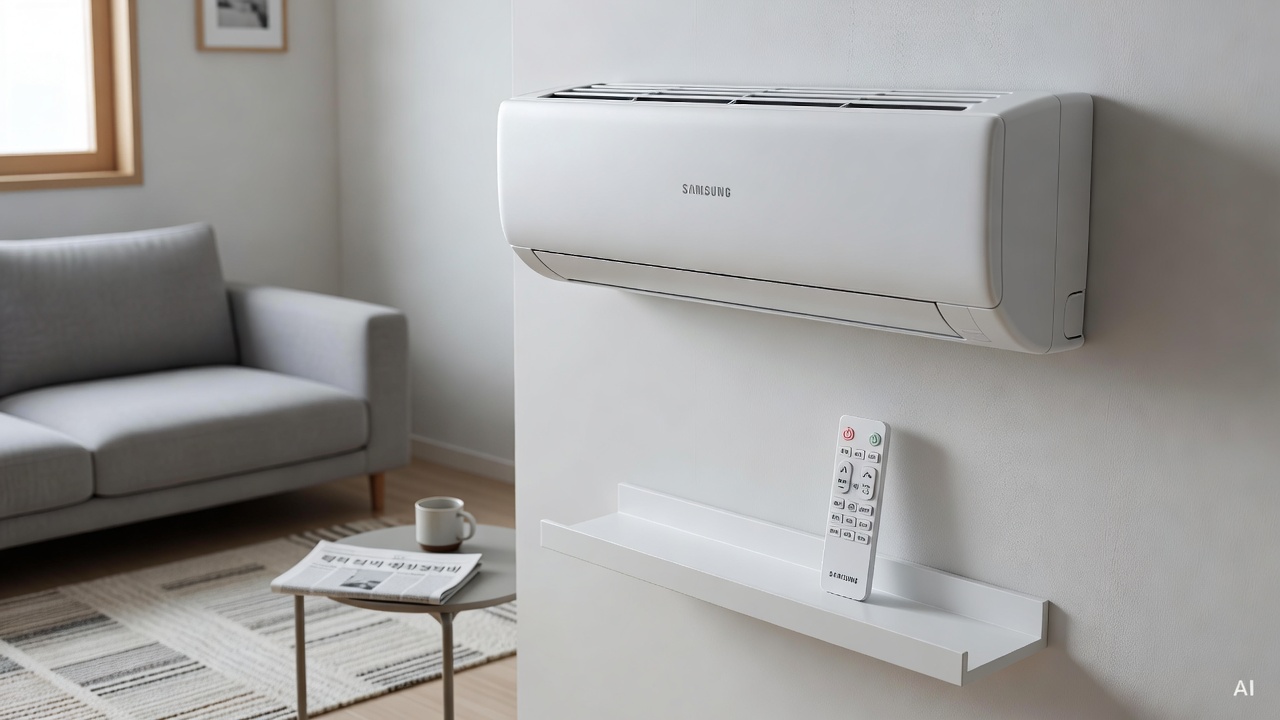 Samsung air conditioner remote control and indoor unit mounted on a white wall in a living room