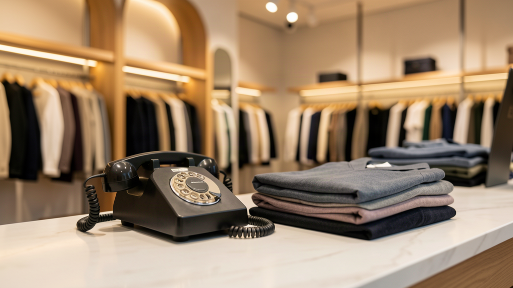 Retail shop counter with a landline telephone beside a stack of neatly folded clothing, a warm boutique interior behind, conveying the urgency of a missed sales call