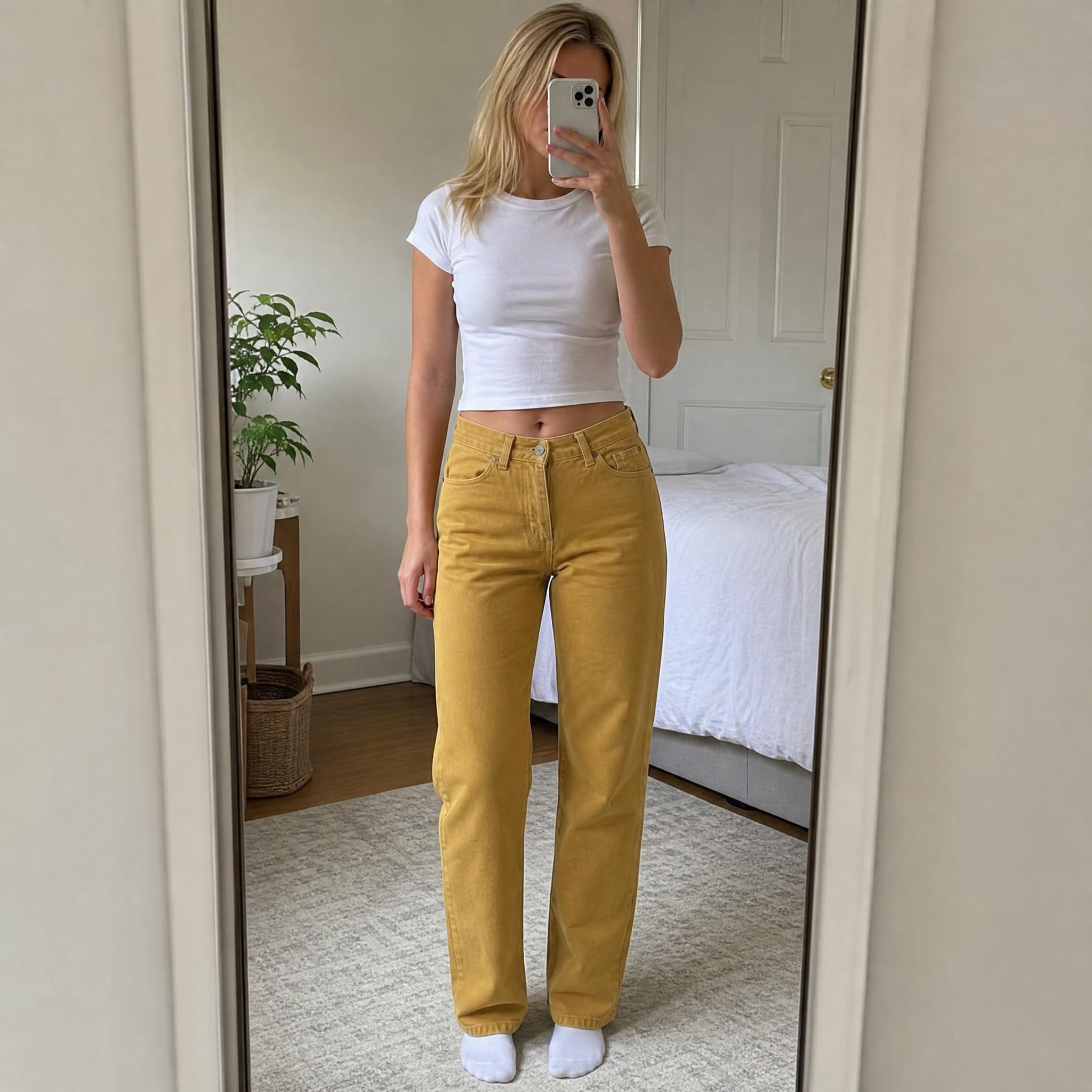 Mustard yellow high-waisted straight-leg trousers