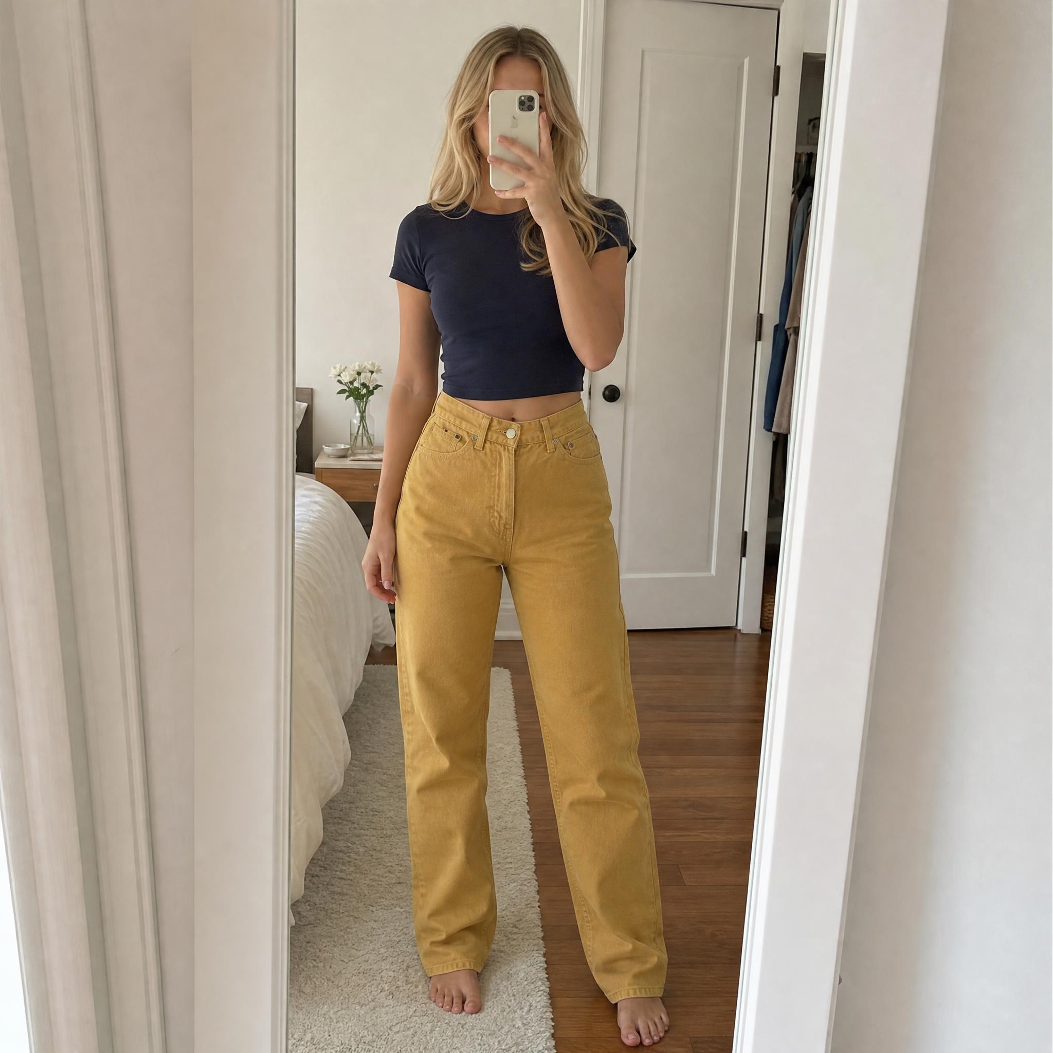 Mustard yellow high-waisted straight-leg jeans – very good condition